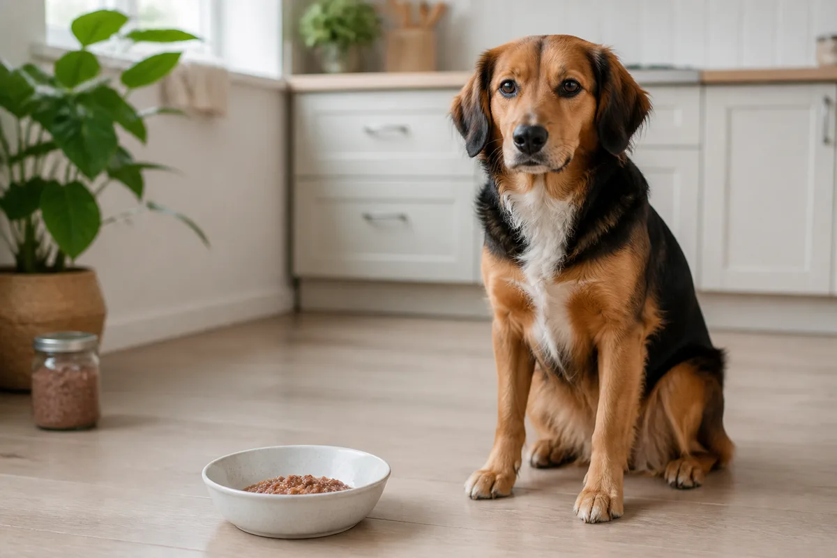 Cane davanti a una porzione di alimento umido servita in una ciotola pulita