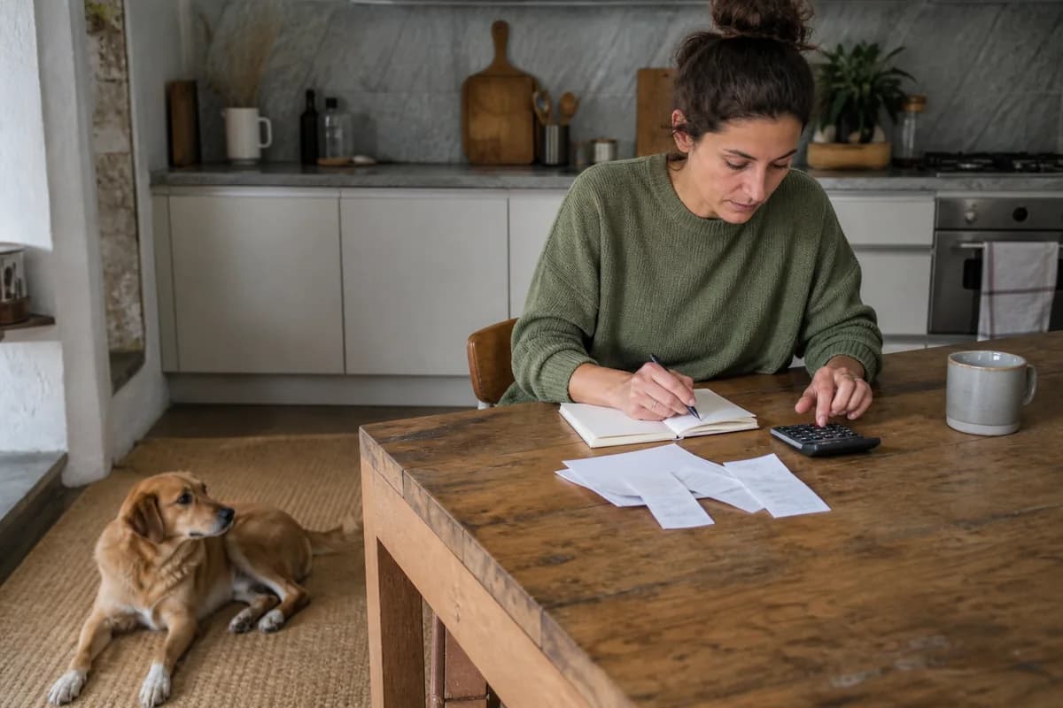 Proprietaria che pianifica le spese familiari mentre il cane riposa