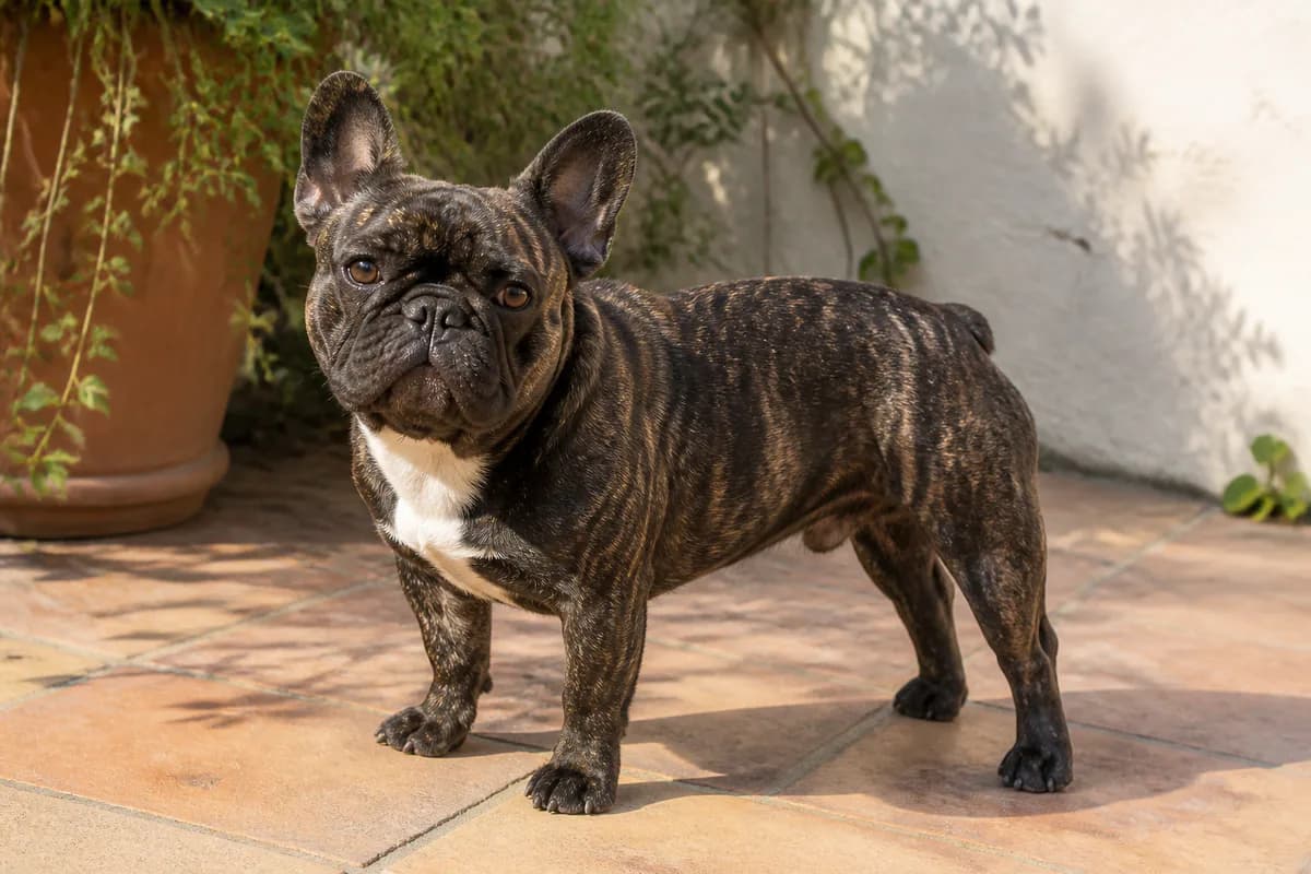 Bulldog Francese adulto che riposa all'ombra durante una giornata calda