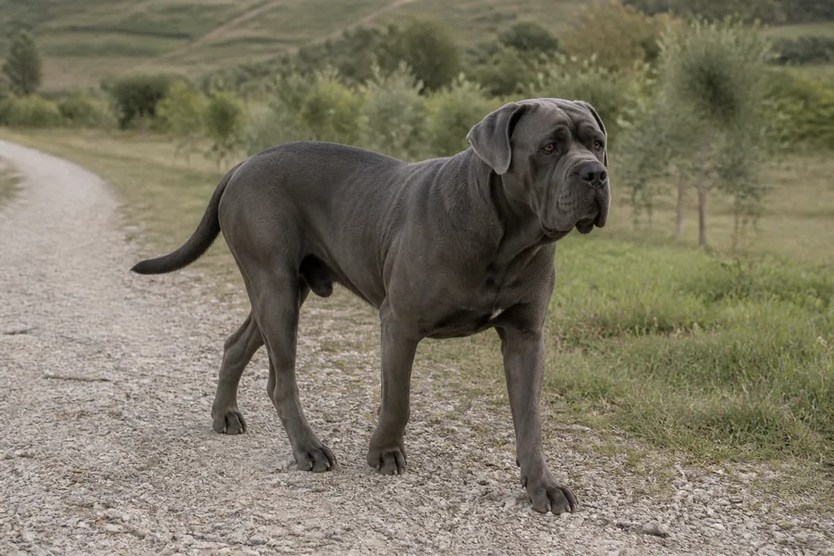 Cane Corso adulto durante una passeggiata su un sentiero di campagna