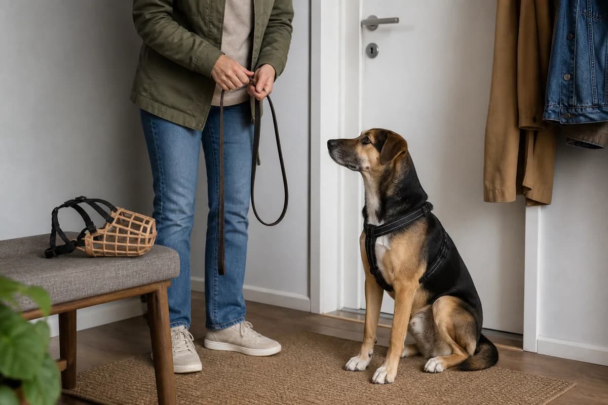 Cane con pettorina accanto a guinzaglio e museruola a cestello