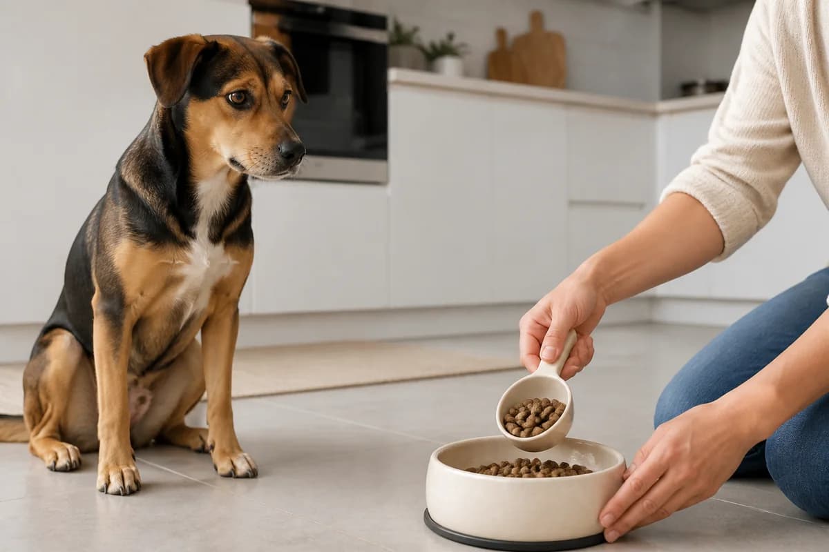 Proprietaria che misura il pasto del cane in cucina