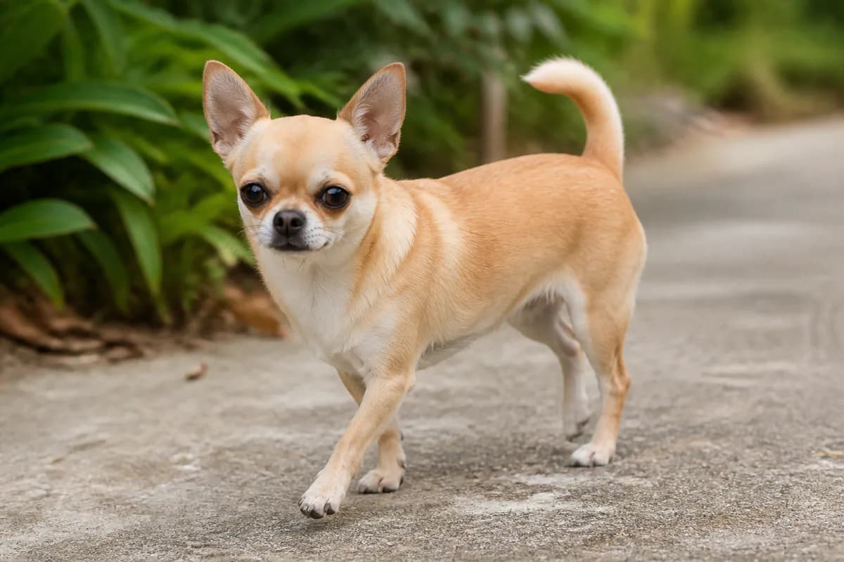 Chihuahua adulto a pelo corto durante una passeggiata in giardino
