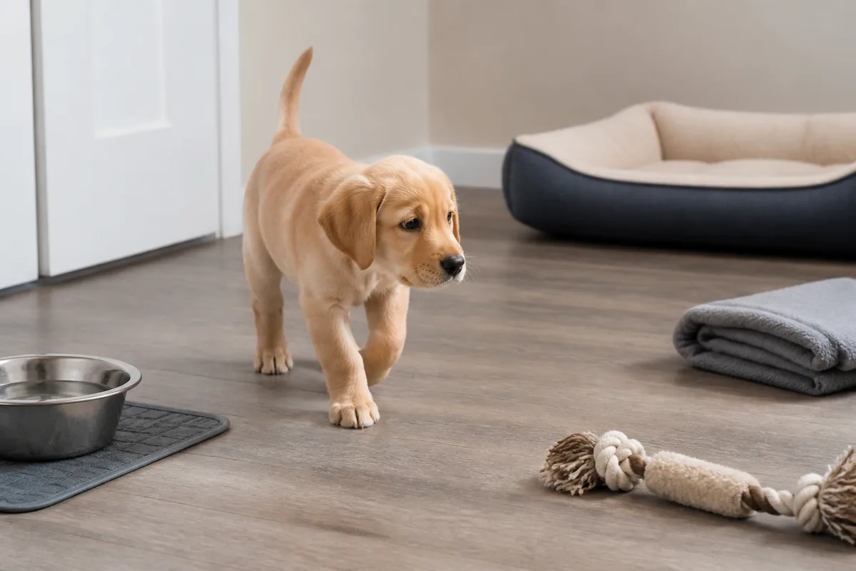 Cucciolo che esplora uno spazio preparato con acqua, cuccia e giochi