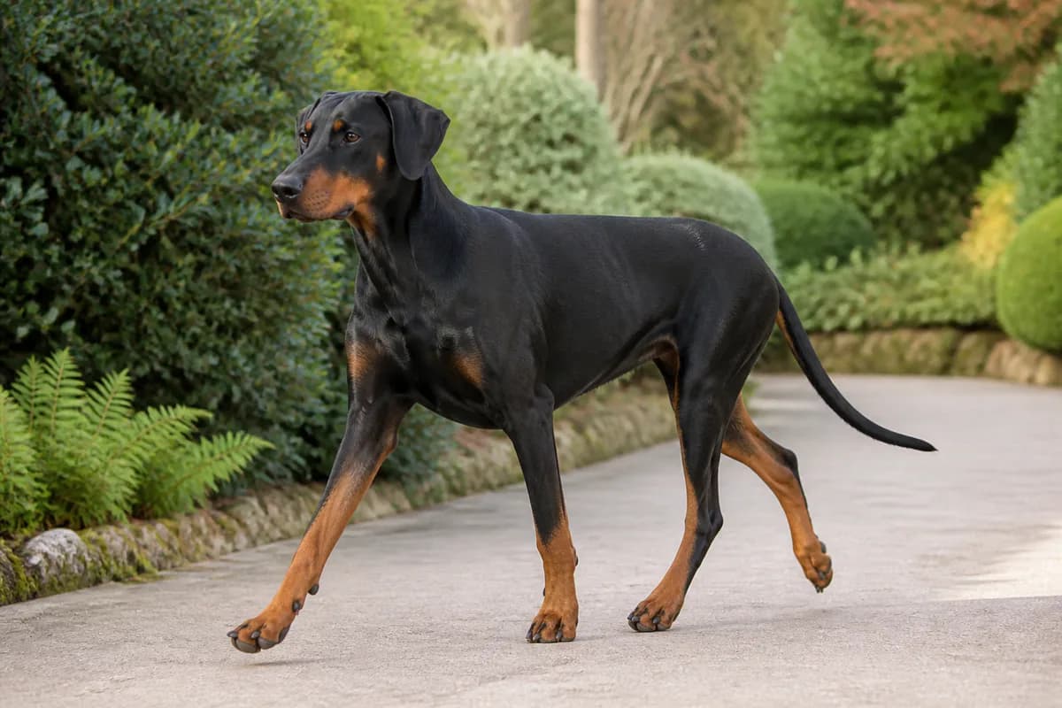Dobermann adulto con orecchie e coda naturali durante una passeggiata
