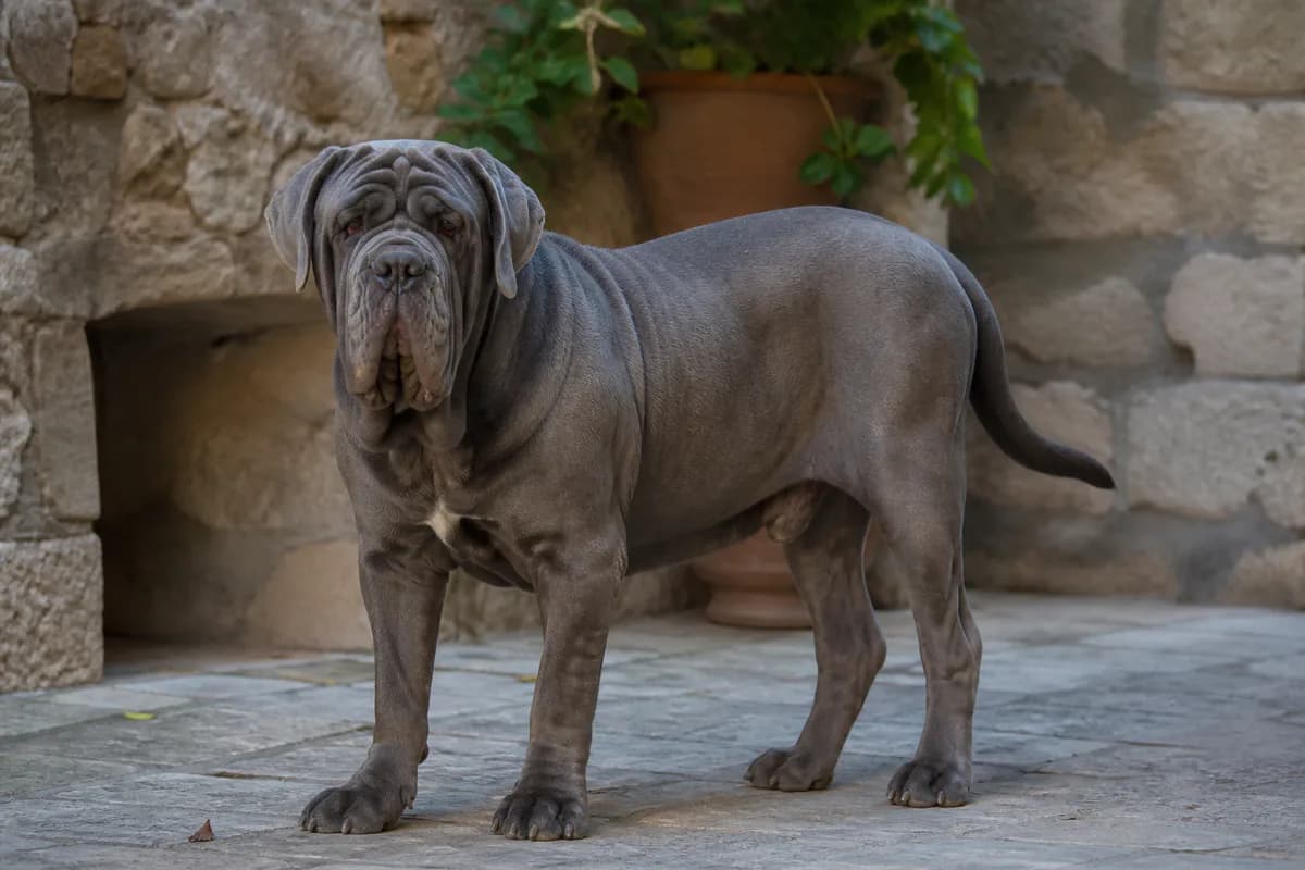 Mastino Napoletano adulto in un cortile ombreggiato