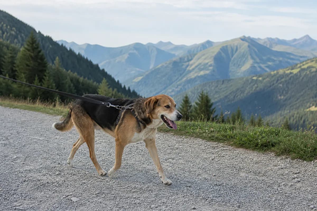 Cane al guinzaglio su un ampio sentiero montano