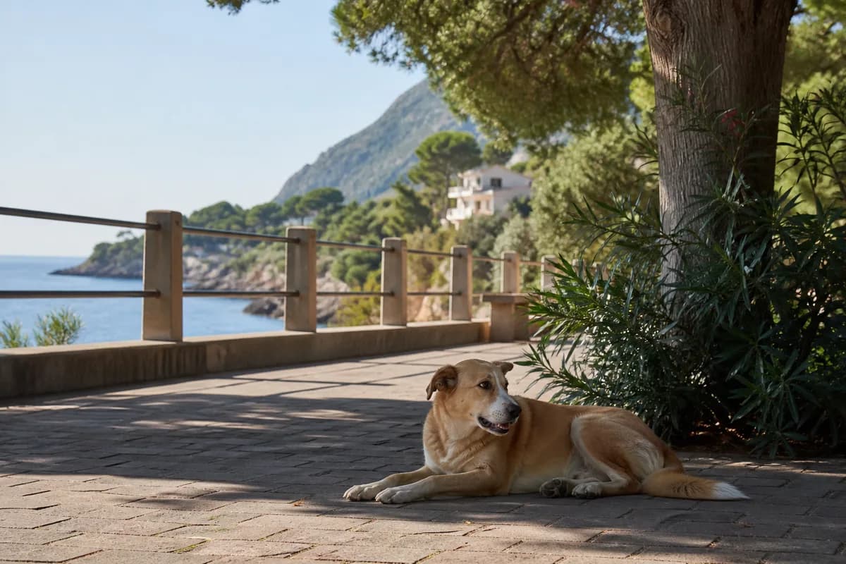 Cane che riposa all'ombra lungo un percorso costiero protetto