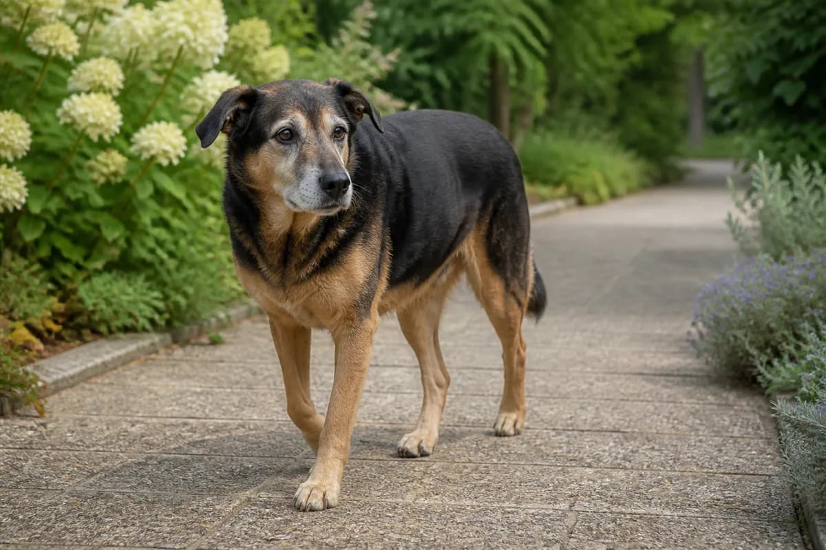 Cane anziano durante una passeggiata lenta su un percorso regolare