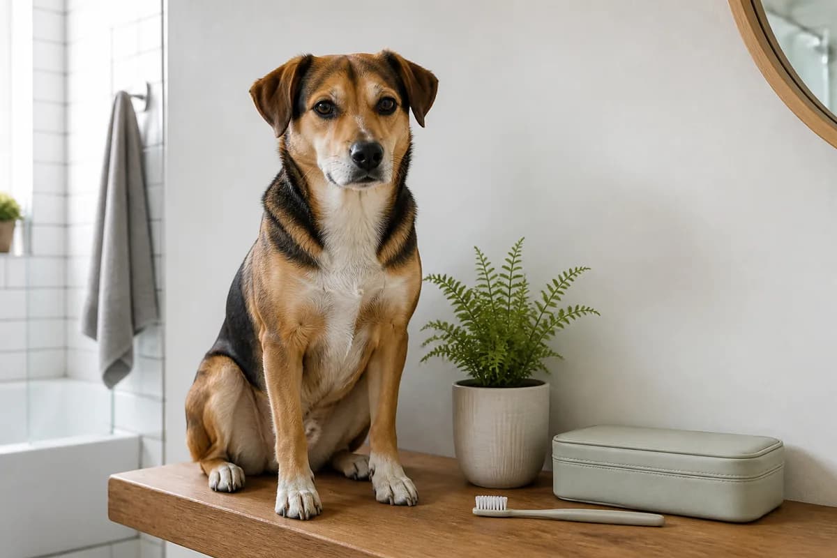 Cane accanto a semplici strumenti per la cura quotidiana dei denti
