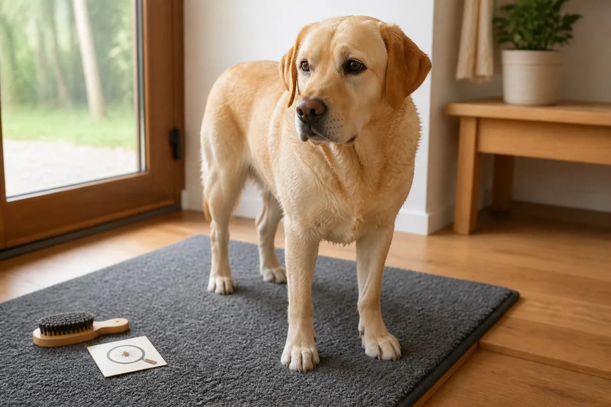 Cane accanto agli strumenti per il controllo del mantello dopo l'uscita