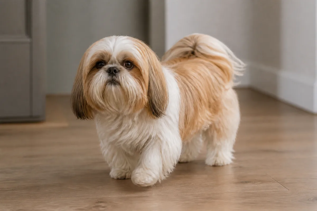 Shih Tzu adulto che cammina in un ambiente domestico tranquillo